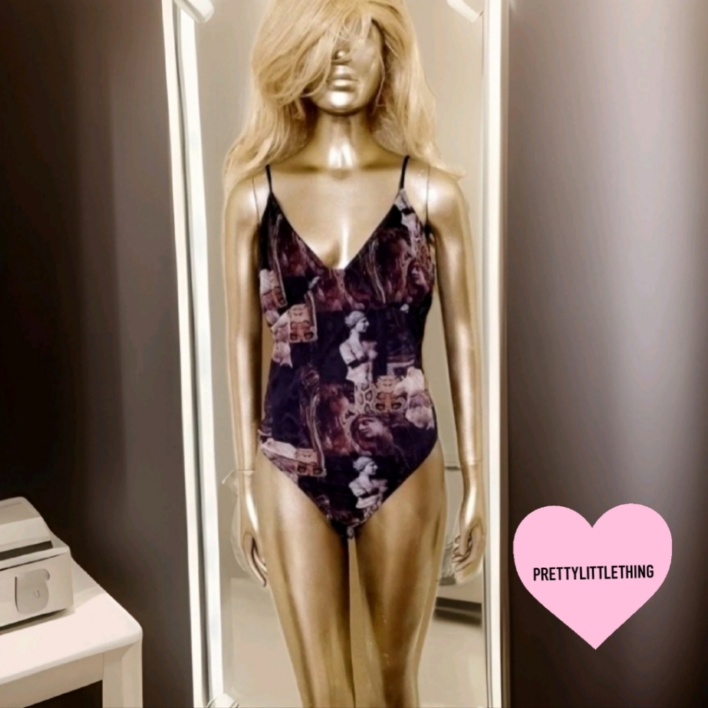 NWT PLT Mesh Abstract Renaissance Print Cup Detail Bodysuit Sz 10